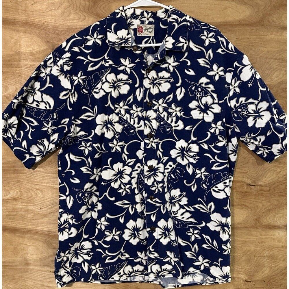 Hilo Hattie Men XL Hawaiian Shirt Coconut Button Blue Hibiscus Floral tropical